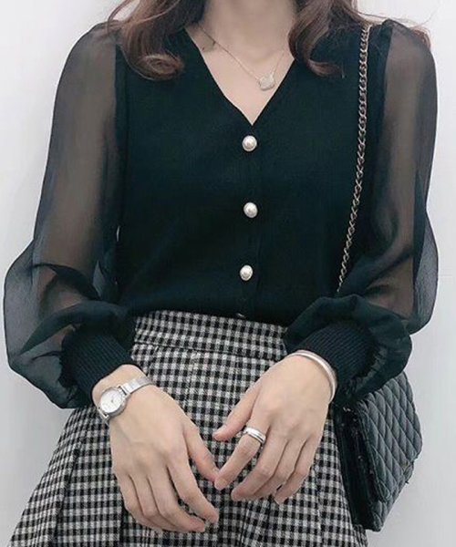 セール カーディガン 冷房対策 ブラウス 透け感 レディース シフォン トップス Vネック ゆったり パールボダン ミニミニストア Miniministore Magaseek