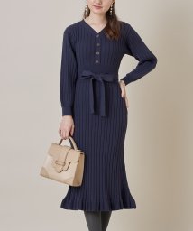 tocco closet(トッコクローゼット)/ウエストりぼん付きボリュームスリーブヘンリーネックリブニットワンピース/NAVY