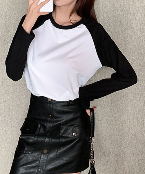 ｔシャツ レディース 長袖 バイカラーｔシャツ トップス ラウンドネック無地 綿 カットソー 薄手 黒 白 カジュアル ショッピングゴー Shoppinggo Magaseek
