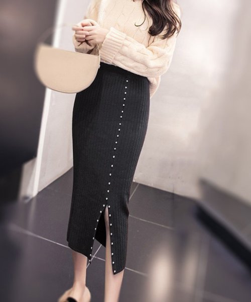 セール ニットスカート スカート レディース 無地 ウエストゴム タイトスカート スリット入り ロング丈 新作 ストレッチ セクシー ボトムス ショッピングゴー Shoppinggo Magaseek