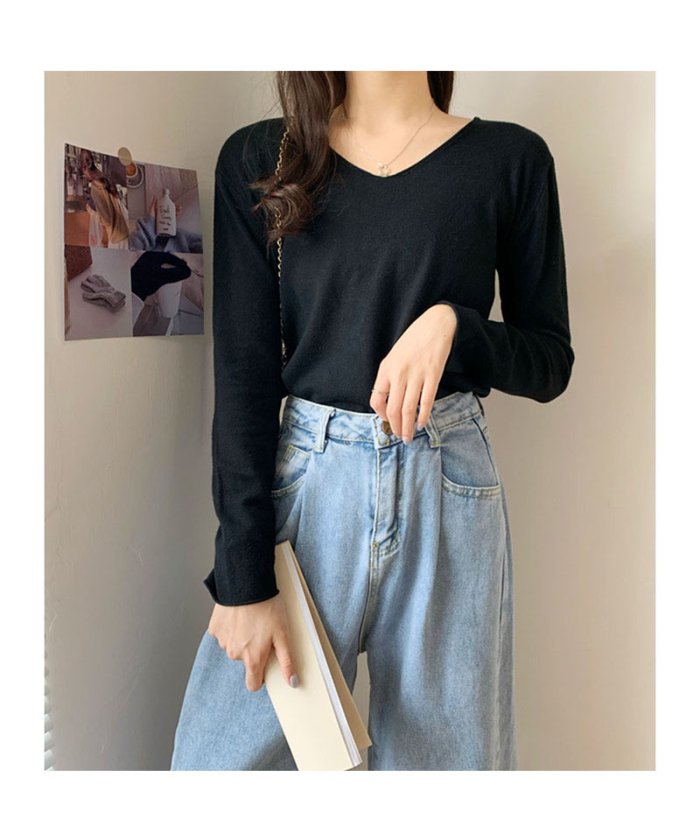セール Vネックtシャツ カットソー レディース ベーシック 無地 インナー使い シンプル 長袖ブラック 薄手 セイヘイショップ Seiheishop Magaseek