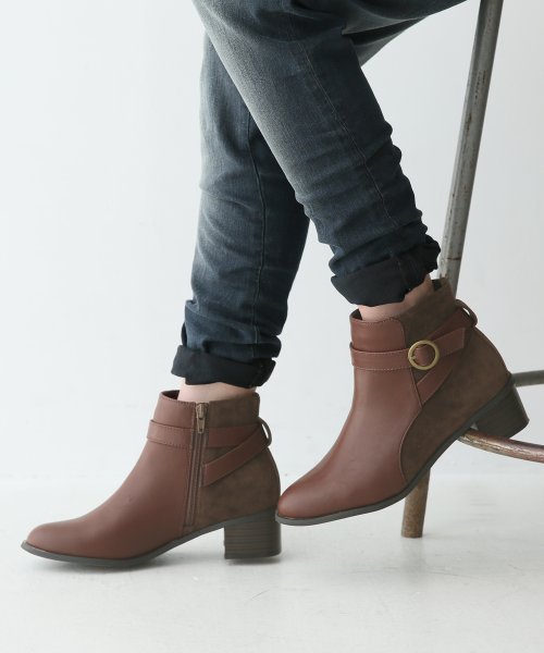 ベルトデザイン配色ショートブーツ オシャレウォーカー Osharewalker Magaseek ベルトデザイン配色ショートブーツ オシャレウォーカー Osharewalker Magaseek