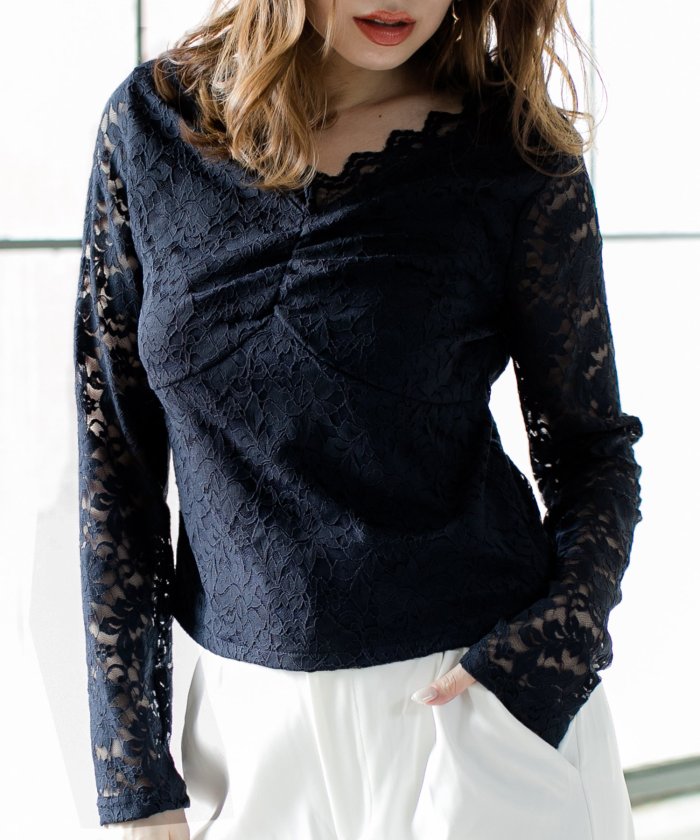 セール フロントシャーリングレーストップス 611 秋冬 長袖 ブラック ホワイト レッド ネイビー きれいめ 大人 セクシー かわいい 総レース 長袖トップス ジュリアブティック Julia Boutique Magaseek
