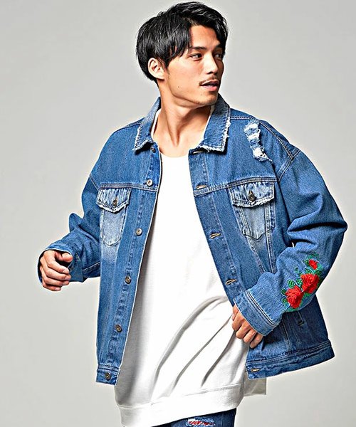 Cavaria キャバリア 袖バラ刺繍長袖ダメージビッグデニムジャケット キャバリア Cavaria Magaseek