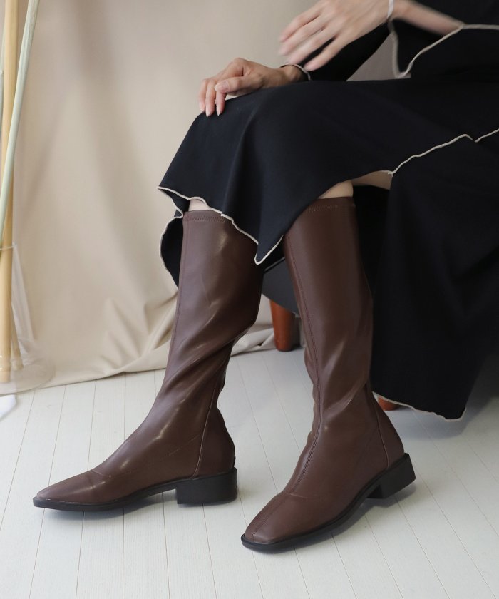 セール やわらかエコレザーローヒール ロングブーツ ブルーイースト Blueeast Magaseek