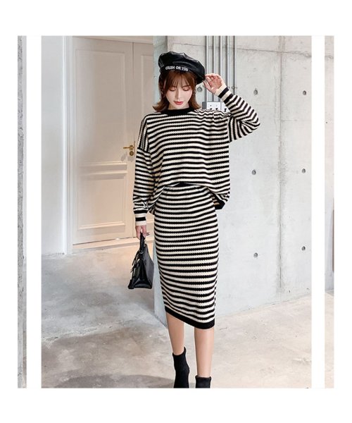 セール セットアップレディース ボーダーtシャツ スカート ニットセットアップ ハイウエスト ゆったり ニットセーター 長袖 伸びる 韓国ファッション セイヘイショップ Seiheishop Magaseek