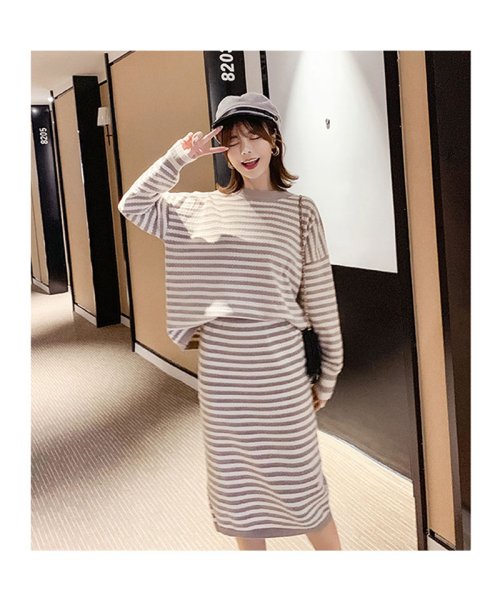セール セットアップレディース ボーダーtシャツ スカート ニットセットアップ ハイウエスト ゆったり ニットセーター 長袖 伸びる 韓国ファッション セイヘイショップ Seiheishop Magaseek
