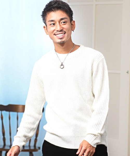 片畦襟ラインクルーネックニット ニット メンズ セーター クルーネック 無地 片畦編み ラグスタイル Luxstyle Magaseek