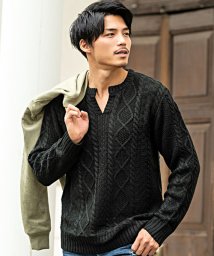 CavariA(キャバリア)/CavariA【キャバリア】ケーブル編みキーネック長袖ニット/ブラック