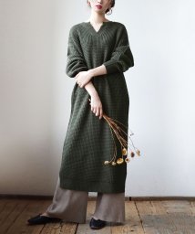 e-zakkamaniastores(イーザッカマニアストアーズ)/キーネック ワッフルニットワンピース/モスグリーン