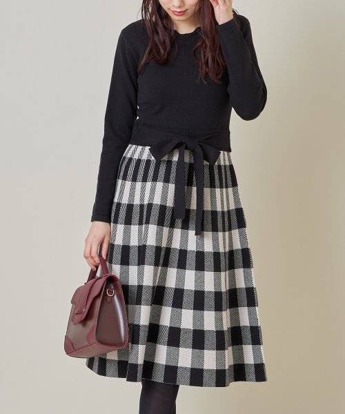 ウエストりぼん付きスカラネック切替チェック柄ニットワンピース トッコクローゼット Tocco Closet Magaseek