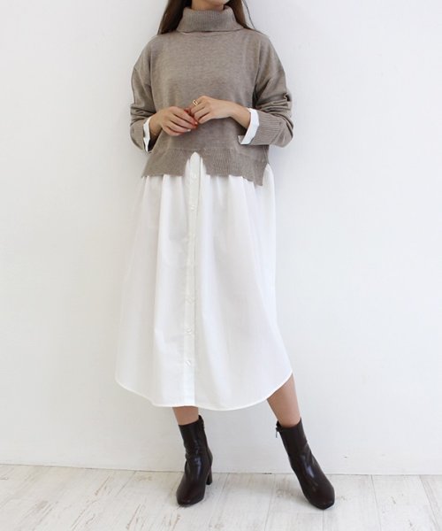 レイヤード風ドッキングニットワンピース ロングワンピース シャツワンピース ワンピース ドッキング ニット レイヤード ブラック ベージュ グレー レディース モードローブ Mode Robe Magaseek