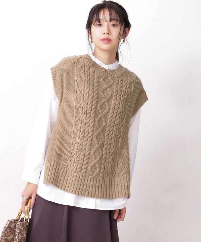 ✨美品✨ヌナ【F】レイヤード　ケーブルニット　ベスト　ジレ