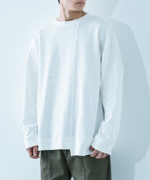 Rocky Monroe(ロッキーモンロー)/Tシャツ カットソー メンズ ロンT ビッグシルエット シンプル 無地 綿 袖リブ Revo. レヴォ アシンメトリー カジュアル TH－3128 9708/ホワイト