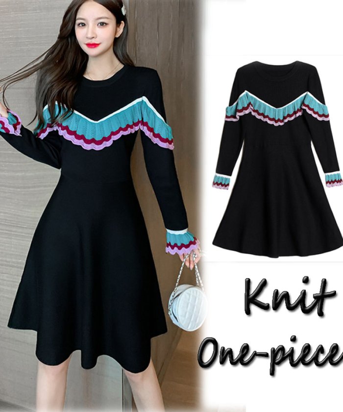 セール ワンピース レディース ニットワンピ ラウンドネック ひざ丈 Aライン バイカラー ニットセーター ロングセーター おしゃれ きれいめ シンプル ショッピングゴー Shoppinggo Magaseek