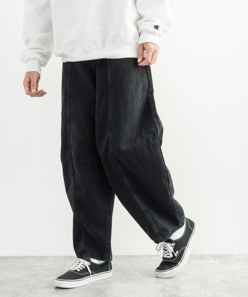 デニムパンツ メンズ ワイド ジーンズ バルーン シンプル カジュアル リラックス ゆったり テーパード 綿 コットン インディゴ 黒 ボタンフライ センターシ ロッキーモンロー Rocky Monroe Magaseek