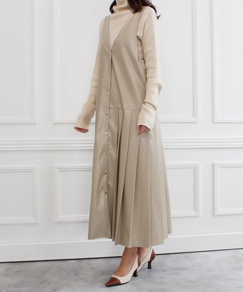 セール 2wayレザープリーツジャンパースカート ロングワンピース ジャンパースカート ロングスカート ワンピース レザー レザースカート プリーツ スカート プリーツ モードローブ Mode Robe Magaseek