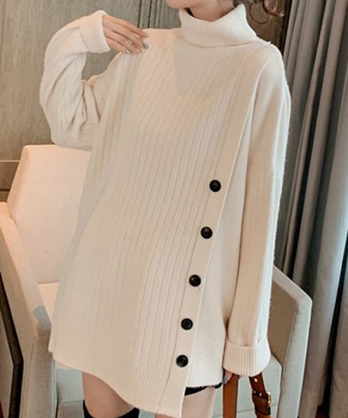 ハイネック ニットセーター レディース 長袖 ニットトップス 秋冬 プルオーバー リブニット チュニック ニットソー ボタン飾り ミニミニストア Miniministore Magaseek