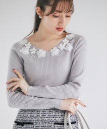 tocco closet(トッコクローゼット)/3Dフラワーモチーフ後ろレースリブニットプルオーバー/ICEGRAY