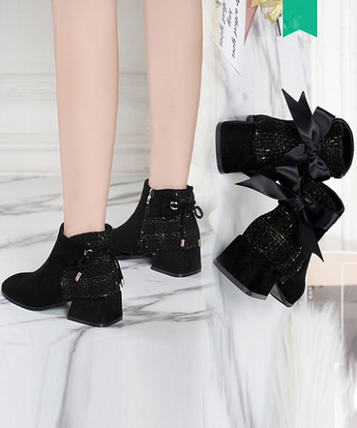セール ショートブーツ レディース ブーティーブーツ リボン付き シューズ チャンキーヒール 歩きやすい 太ヒール 秋冬 靴 スエード調 ミニミニストア Miniministore Magaseek