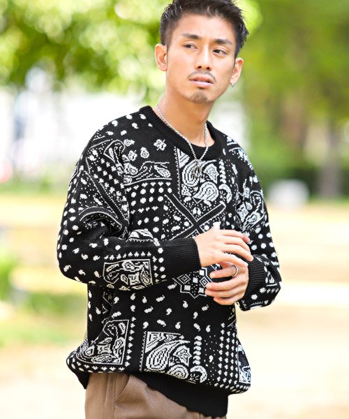 セール ペイズリー柄ニット ニット セーター メンズ ビッグシルエット ペイズリー柄 バンダナ ラグスタイル Luxstyle Magaseek