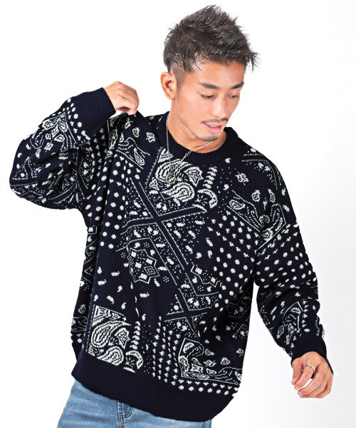 セール ラグスタイル Luxstyle ペイズリー柄ニット ニット セーター メンズ ビッグシルエット ペイズリー柄 バンダナ Magaseek
