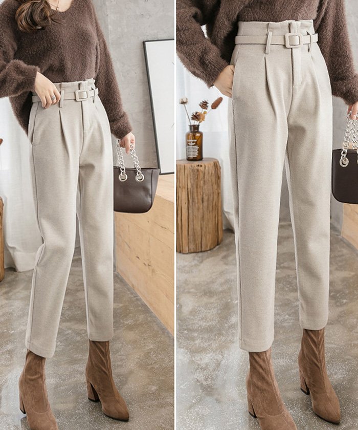 セール テーパードパンツ レディース 秋冬 スーツパンツ ハイウエスト ベルト付き ストレートレッグパンツ オフィス ボトムス 無地 ミニミニストア Miniministore Magaseek