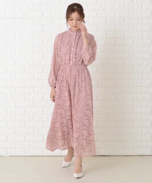セール レースレディース Lace Ladies 総レース ウエスト切り替え 長袖ロングワンピース Magaseek