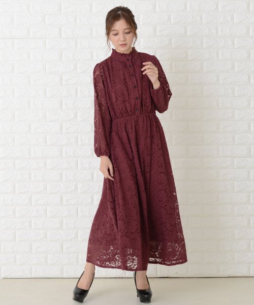 レースレディース Lace Ladies 総レース ウエスト切り替え 長袖ロングワンピース Magaseek