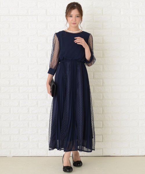 セール ドットチュールシアー袖シフォンロングワンピースドレス レースレディース Lace Ladies Magaseek