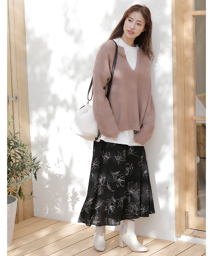 セール 線画花フレア スカート イング Ingni Magaseek