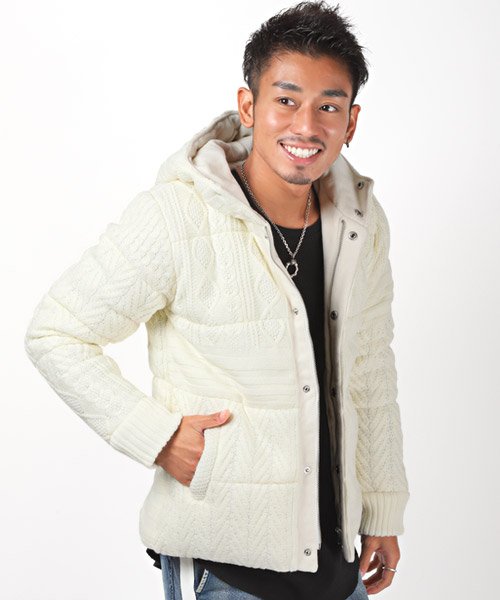 セール フード付き中綿ニットブルゾン 中綿ジャケット メンズ ブルゾン ニット ラグスタイル Luxstyle Magaseek