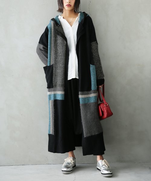 配色フード付きロングカーディガン オシャレウォーカー Osharewalker Magaseek