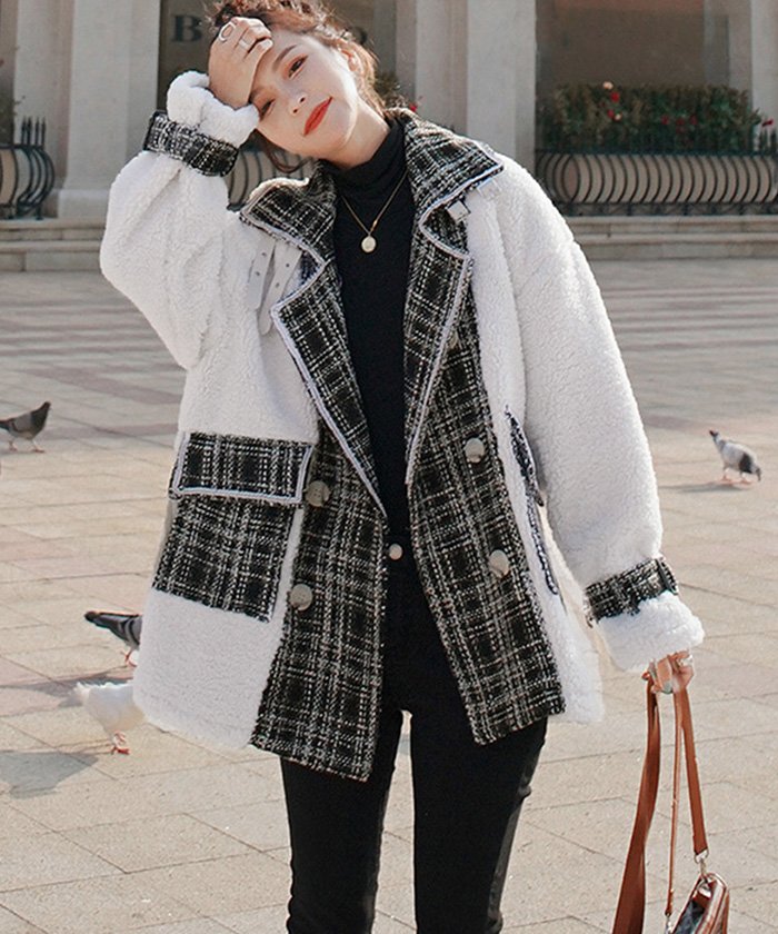 ボアジャケット レディース ボアコート ショート丈 暖かい 防寒アウター 体型カバー チェック柄 ドッキングジャケット おしゃれ ミニミニストア Miniministore Magaseek