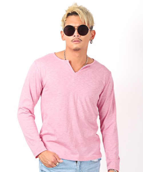 LUXSTYLE(ラグスタイル)/スラブキーネック長袖Tシャツ/ロンＴ メンズ キーネック 長袖 Tシャツ/ピンク