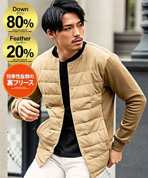 VICCI(ビッチ)/VICCI 長袖ダウンブルゾン インナーダウン メンズ ダウンジャケット  ブルゾン ノーカラー スタンドカラー パーカー クルーネック 軽量 軽い 秋 冬 【/ベージュ系1