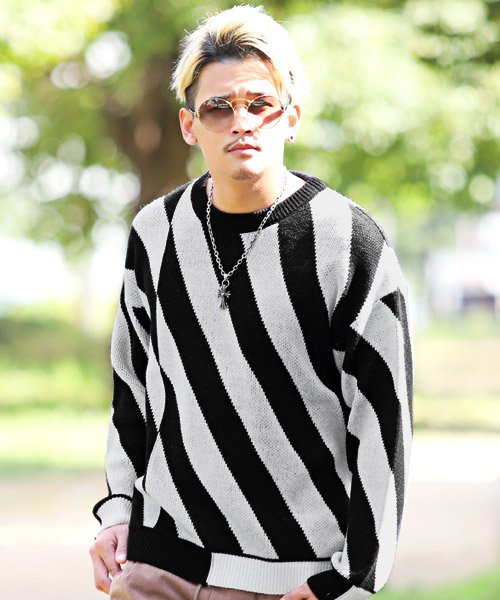 セール スラッシュストライプ柄ニット ニット セーター メンズ ビッグシルエット ストライプ ラグスタイル Luxstyle Magaseek
