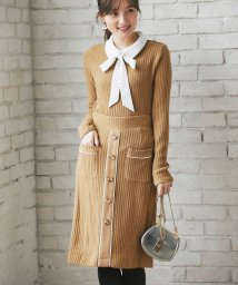 tocco closet(トッコクローゼット)/ドット柄ボウタイりぼん＆襟付き起毛リブニットソー×起毛リブタイトスカートのセットアップ/BEIGE