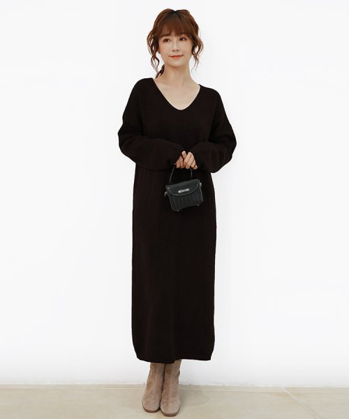 レディースファッション通販 ニットワンピース レディース ワンピース ニット 秋 冬 春 Vネック Iライン ロング丈 無地 体型カバー おしゃれ Ol 通勤 ドゥーベル Doux Belle Magaseek