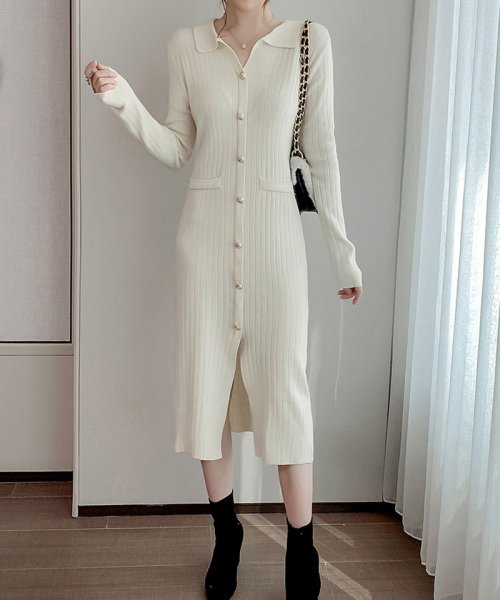 セール ワンピース レディース ニットワンピ ロング丈 スリット ニット 春 秋 冬 Vネック 無地 大きめ 大人 きれいめ Ol ショッピングゴー Shoppinggo Magaseek