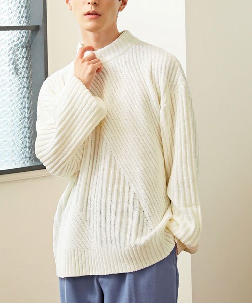 セール モール素材ワイドシルエットモックネック無地ニットセーター トップイズム Topism Magaseek