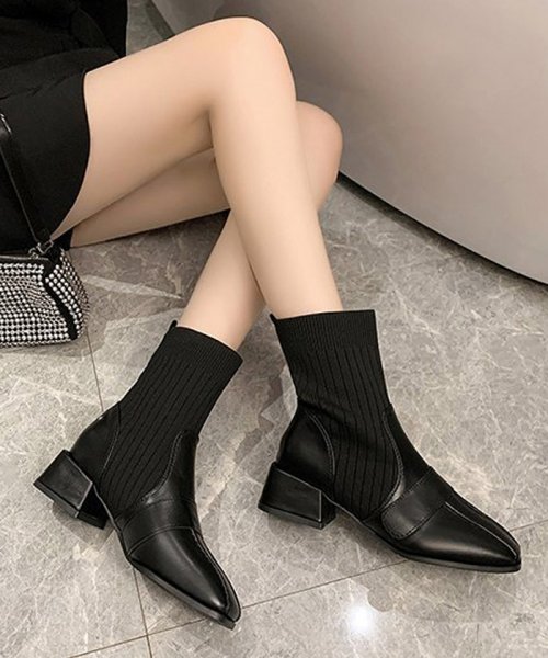 セール ソックス風ブーツ レディース チャンキーヒール ショートブーツ 痛くない 美脚ブーツ 歩きやすい ストレッチブーツ ハイカット ミニミニストア Miniministore Magaseek