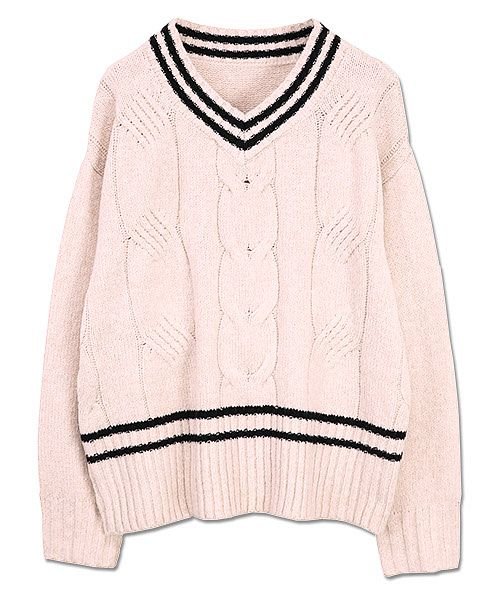 セール ラインvネックケーブルニットプルオーバー M レディース 秋冬 トップス ニット アイボリー ベージュ ブラウン セーター プルオーバー シンプル ナチュラル アンドイット And It Magaseek