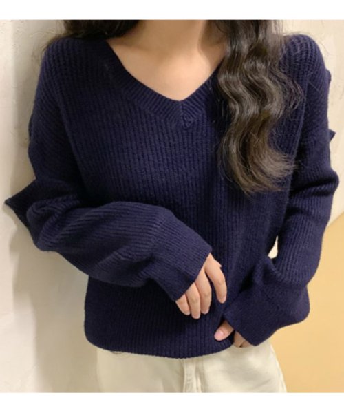 ニットセーター レディース Vネック 肌見せ ざっくりニット ゆったり トップス 体型カバー プルオーバ 秋冬 ミニミニストア Miniministore Magaseek