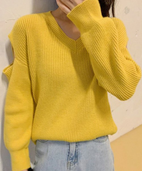 セール ニットセーター レディース Vネック 肌見せ ざっくりニット ゆったり トップス 体型カバー プルオーバ 秋冬 ミニミニストア Miniministore Magaseek