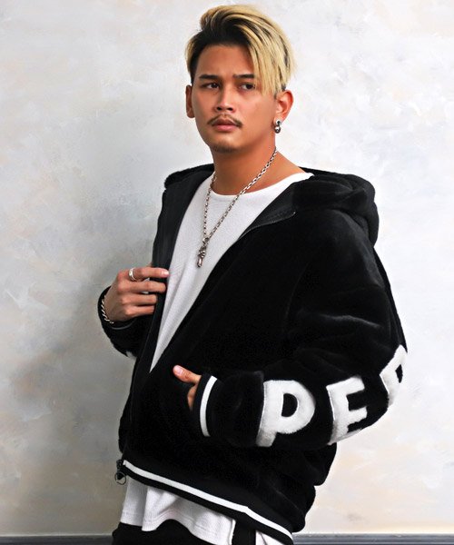 セール フェイクファーブルゾンパーカー ジャケット メンズ ビッグシルエット フェイクファー バックロゴ ラグスタイル Luxstyle Magaseek