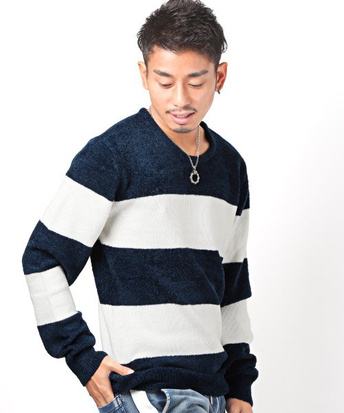 セール モールボーダーセーター ニット メンズ セーター シャギー ボーダー 秋冬 ラグスタイル Luxstyle Magaseek
