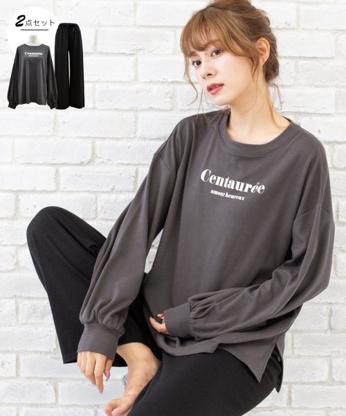 ロゴ入り長袖ルームウェア 柄 春 夏 レディース 長袖 セットアップ カジュアル 部屋着 上下セット ロゴ ルームウェア パンツ ラフ ゆったり 袖ボリューム アドティエ Ad Thie Magaseek