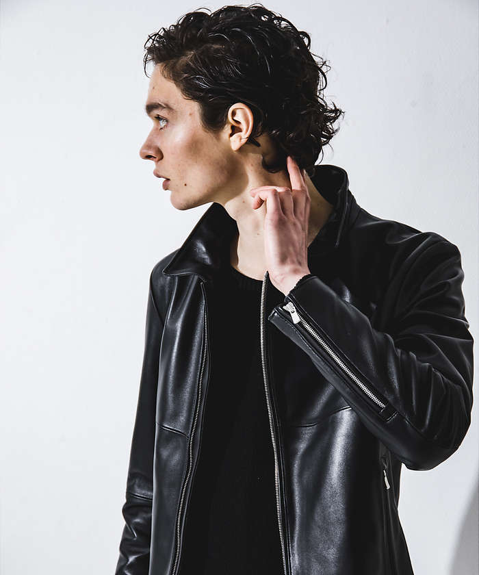 5351プールオム☆襟付き牛革シングルライダースジャケット2黒レザー