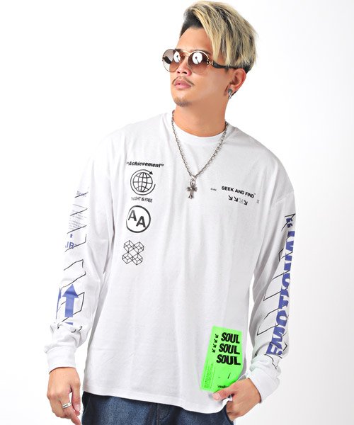 セール 袖デコレーションプリントbigロンt ロンt メンズ 長袖tシャツ ビッグシルエット ロゴ プリント ラグスタイル Luxstyle Magaseek